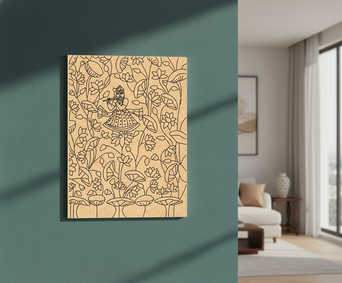 Decorative MDF DIY wall art with intricate patterns on a teal wall, next to a living room setting.