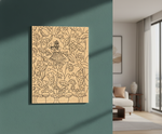 Decorative MDF DIY wall art with intricate patterns on a teal wall, next to a living room setting.
