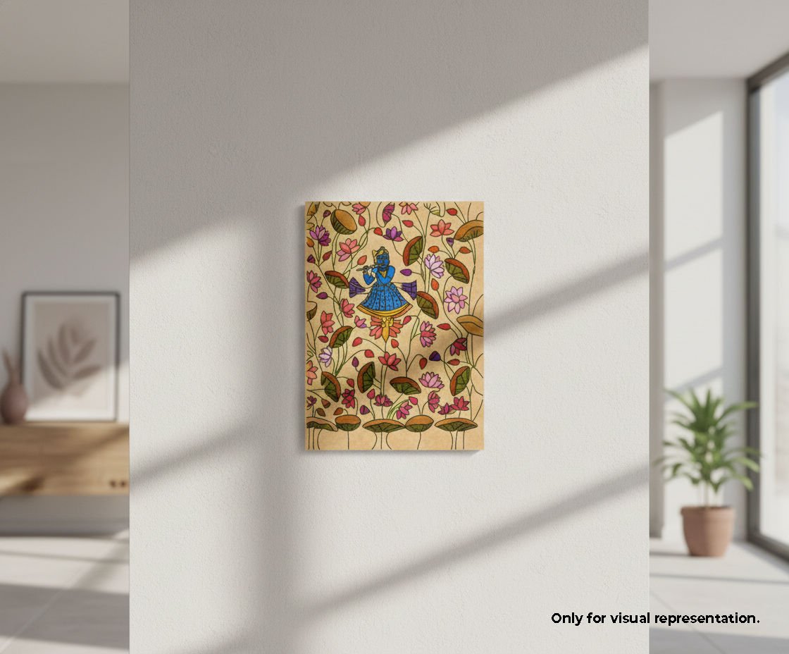 Decorative MDF DIY  wall art with floral patterns and a blue figure in a modern room.