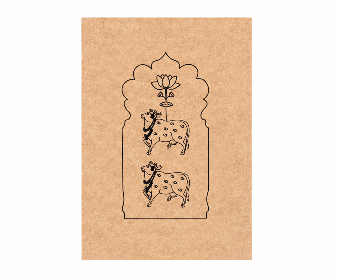 MDF DIY wall art  with black line art of two cows and a lotus flower on a white background