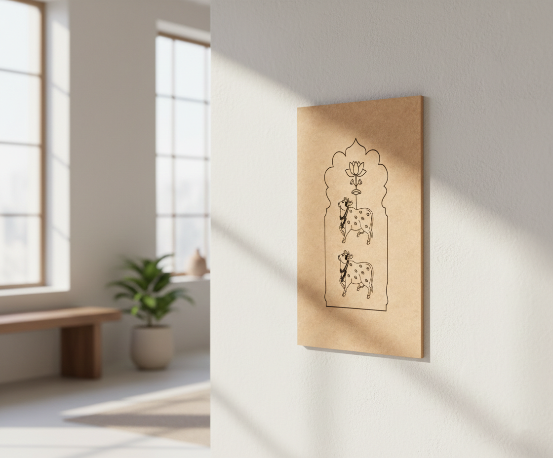 Decorative MDF DIY wall art with animal illustrations on a beige background in a bright room.