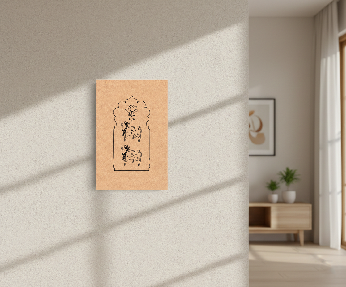 MDF DIY wall art with abstract design on a wall in a room with a wooden cabinet and plants.