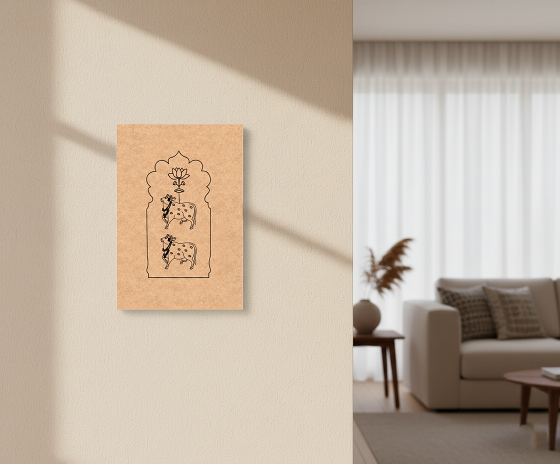 Decorative MDF DIY wall art with animal illustrations on a beige wall in a living room.
