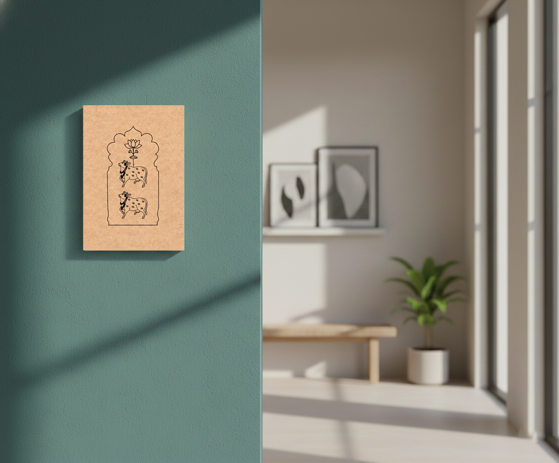 MDF DIY wall art piece on a teal wall with a modern interior setting.