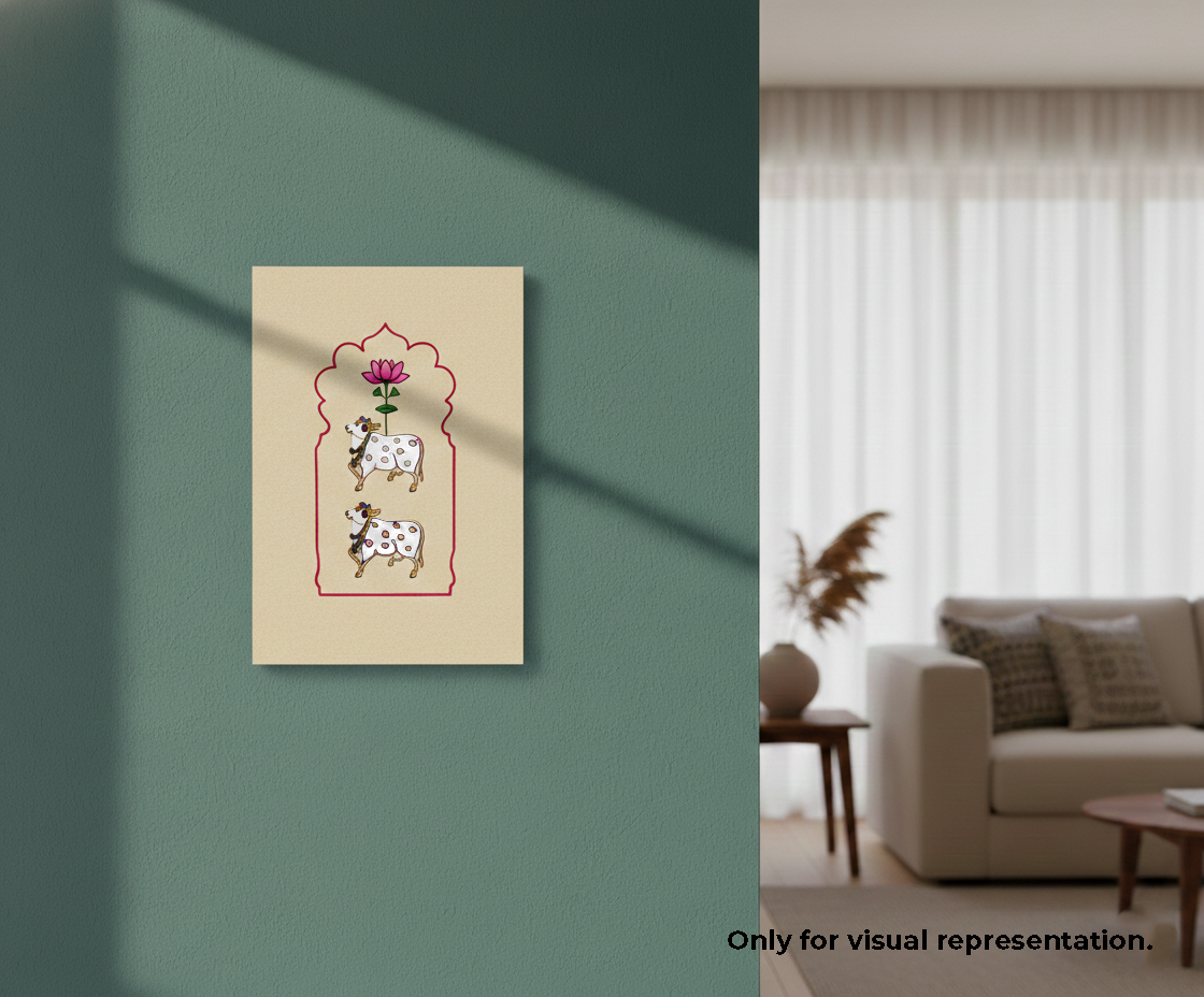 Decorative MDF DIY wall art with two cows and a flower on a beige background, hanging on a green wall.