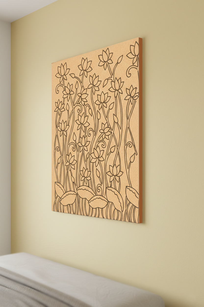 MDF DIY  wall art with floral patterns on a beige wall.