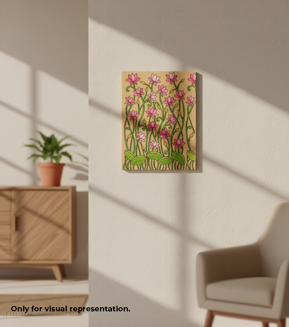 MDF DIY Floral painting on a wall in a room with a wooden cabinet and chair.