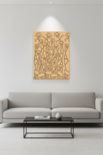 Abstract MDF DIY wall art on a light gray wall above a gray sofa in a modern living room.