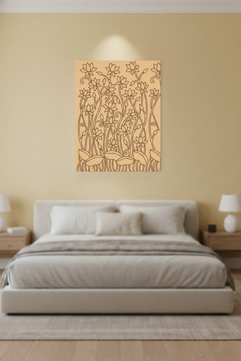 Decorative MDF DIY wall art with floral and animal design above a bed in a bedroom.