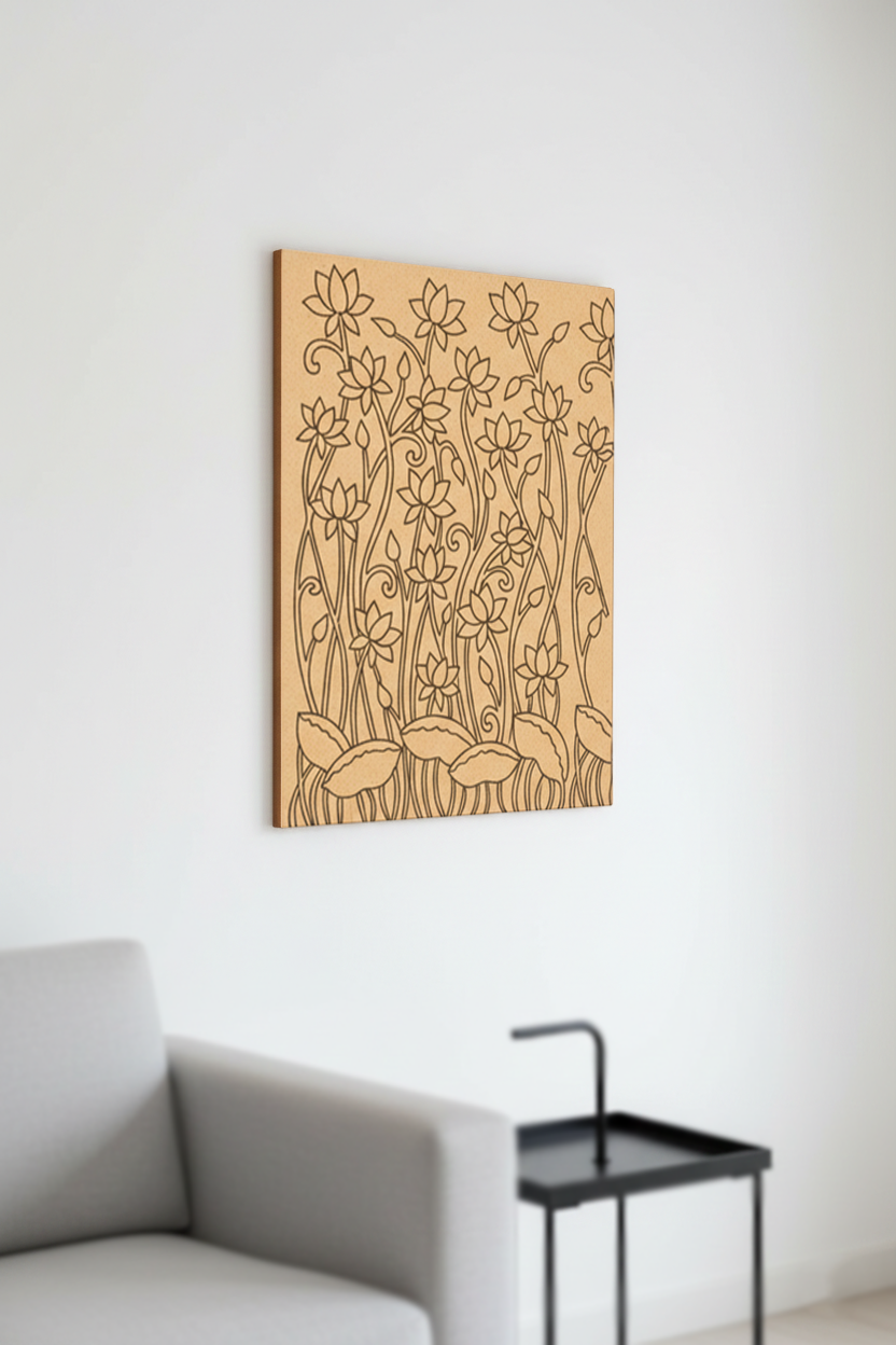 MDF DIY  wall art with floral pattern on a white wall above a gray sofa.