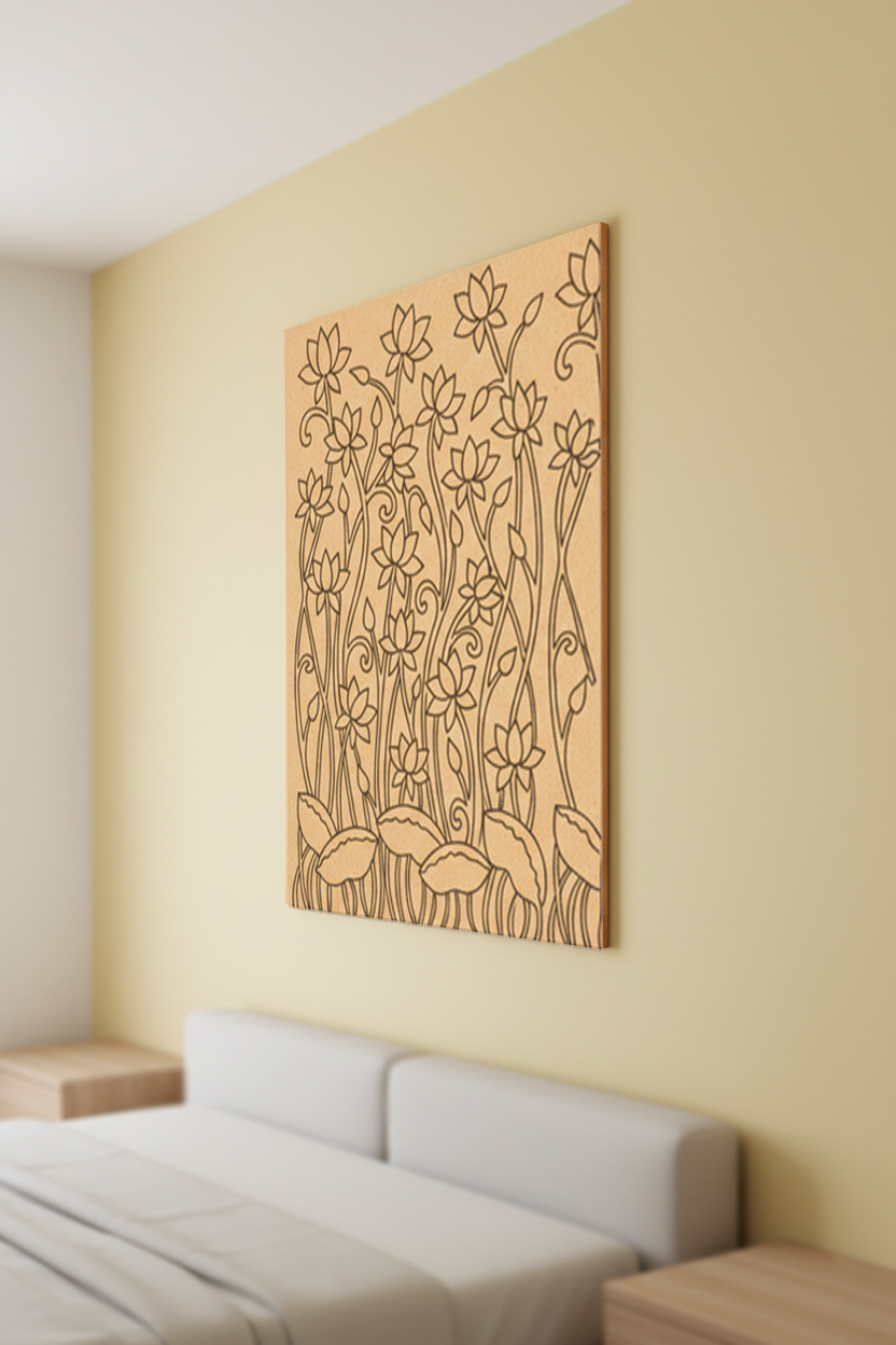 Decorative MDF DIY wall art with floral pattern on a light yellow wall above a bed.