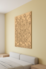 Decorative MDF DIY wall art with floral pattern on a light yellow wall above a bed.