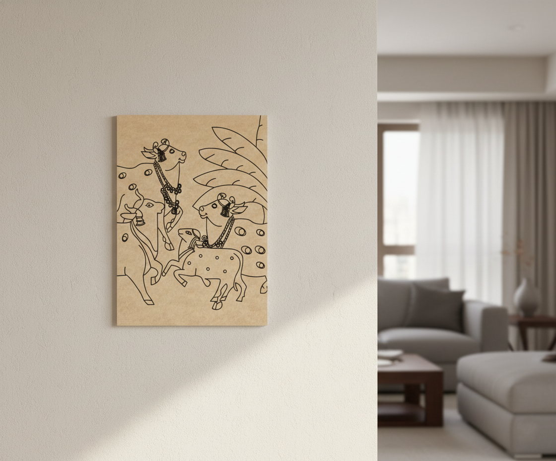 MDF DIY  Abstract artwork of two cow on a beige background in a modern living room.