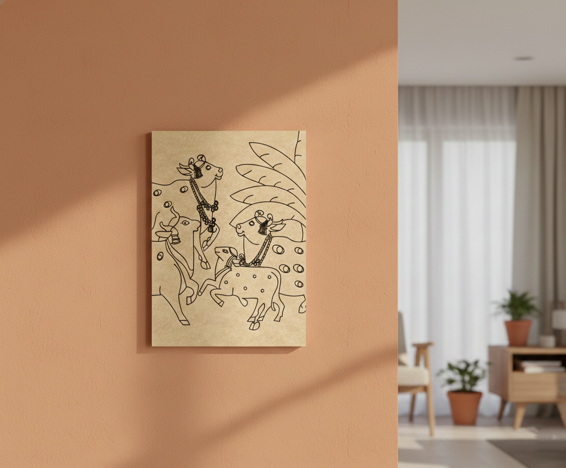 MDF DIY wall art with animal illustration on a beige wall in a room with furniture and plants.