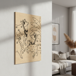 Decorative MDF DIY wall art with line drawings of animals on a beige background in a living room setting.