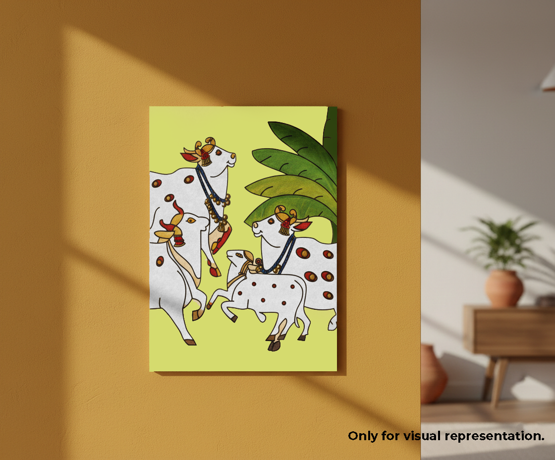 MDF DIY Canvas print with a colorful illustration of cows on a yellow background, placed against a wall.