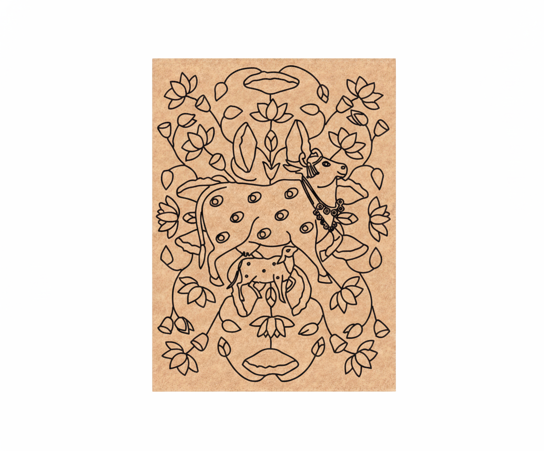 Decorative MDF DIY  wall art with a cow and floral design on a brown background