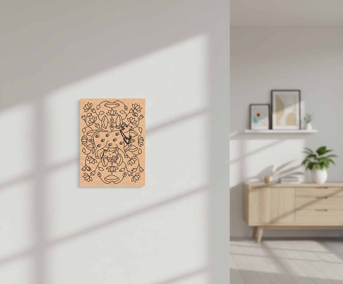 MDF DIY  wall art with abstract design on a white wall in a room with a wooden sideboard.