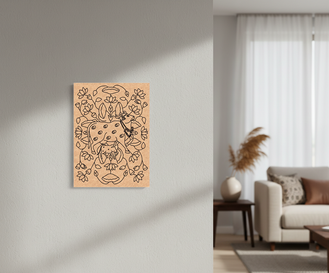 Decorative MDF DIY  wall art with abstract design on a light gray wall in a living room.