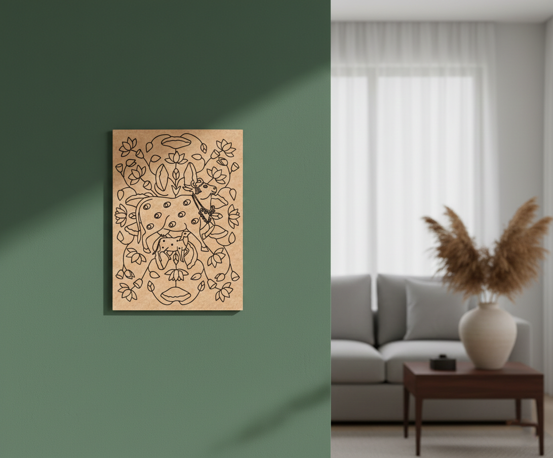 Decorative MDF DIY wall art on a green wall with a living room in the background