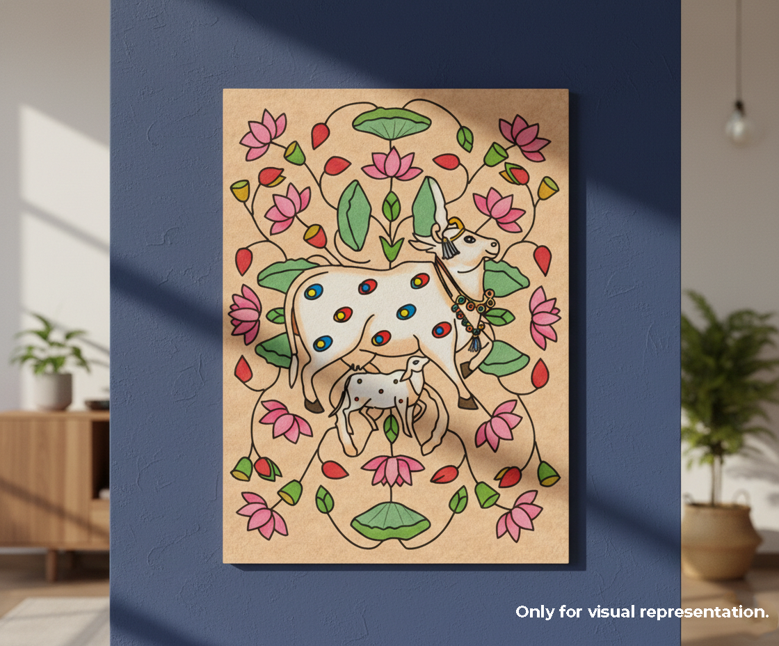 Decorative MDF DIY wall art with a cow and calf design on a beige background, framed against a blue wall.