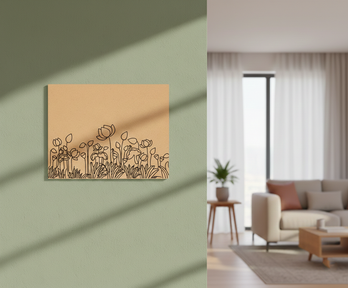 Decorative MDF DIY  wall art with floral design on a beige background, placed in a living room.