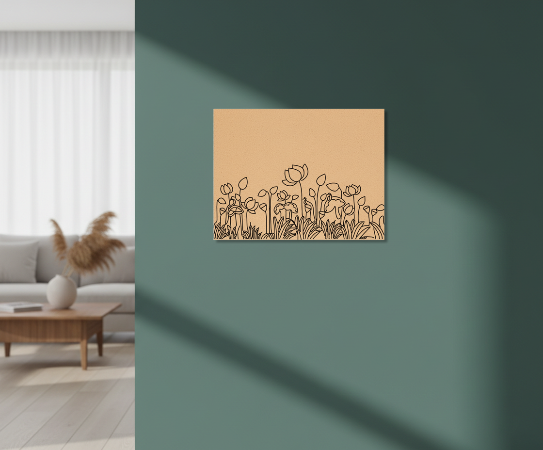 Decorative MDF DIY  wall art with floral design on a green wall next to a living room.