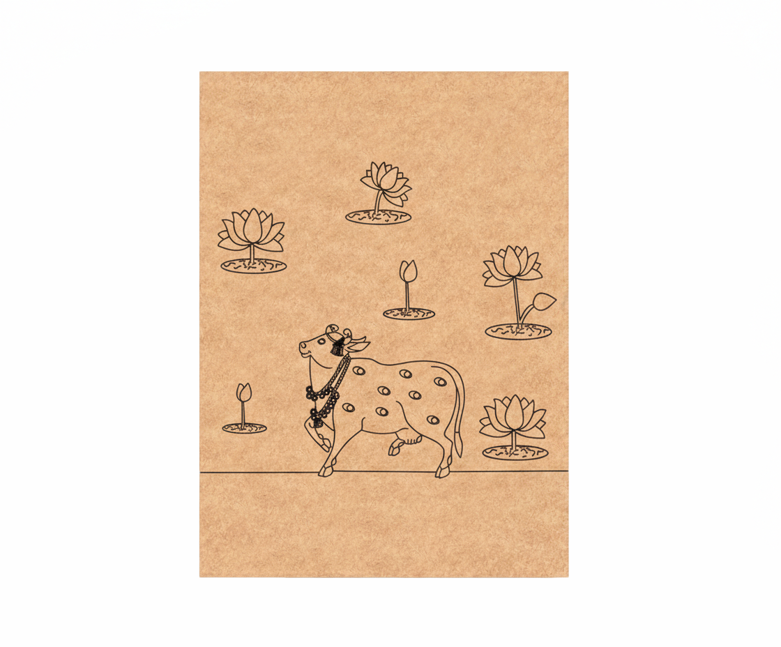 MDF DIY wall art with a cow and lotus designs on a white background