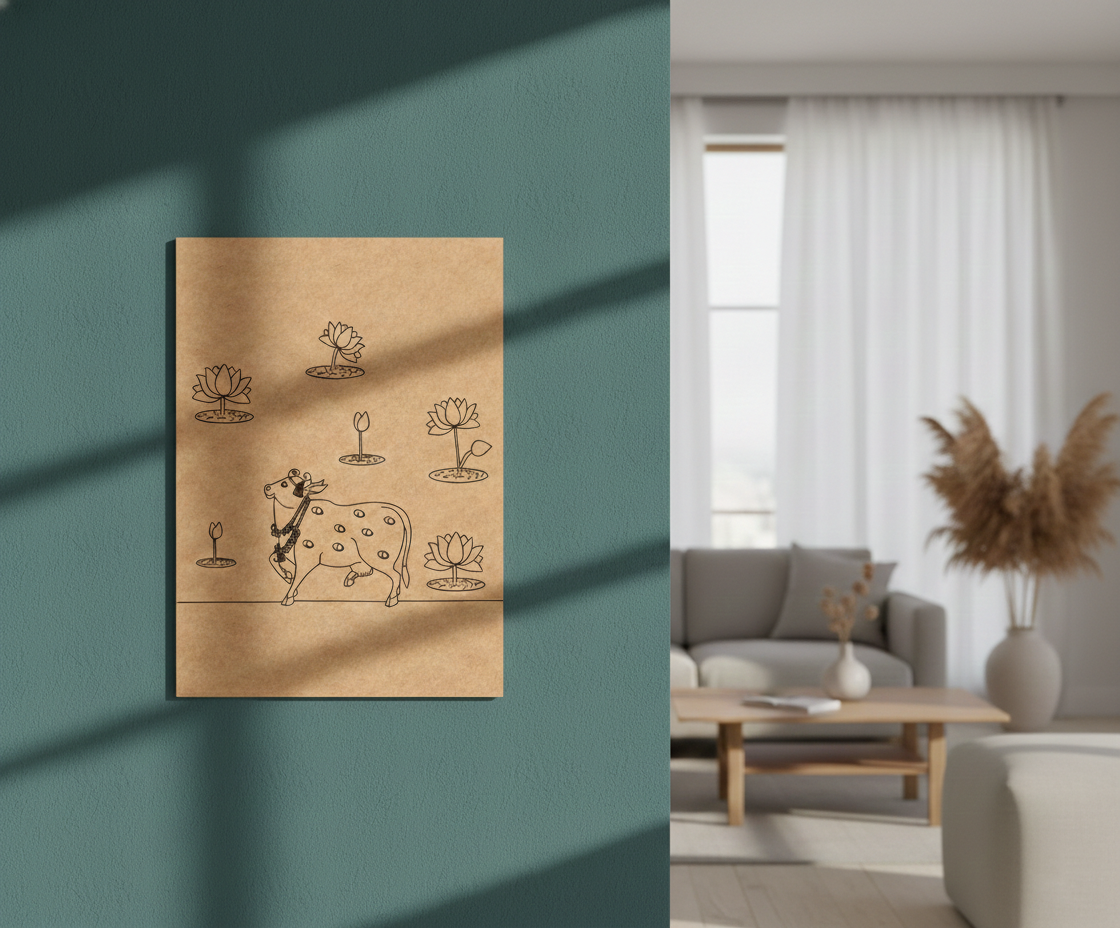 MDF DIY wall art with cow illustration on a teal wall next to a living room with a gray sofa and decorative elements.