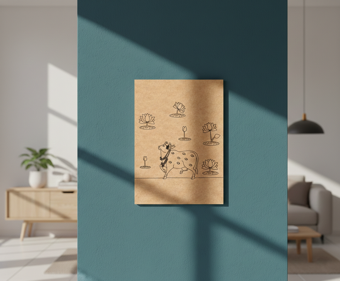 MDF DIY  wall art with illustrations on a teal wall in a modern living room.