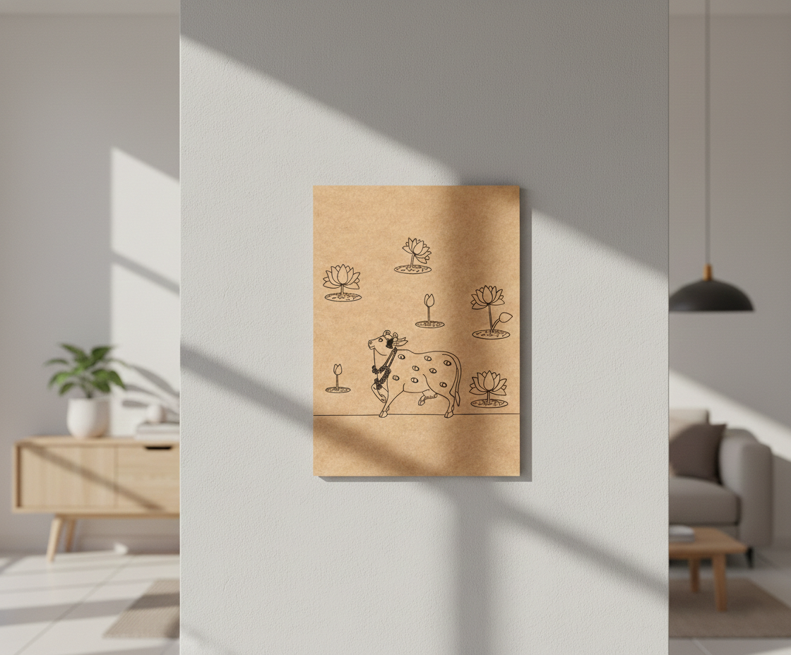 MDF DIY wall art with a cow illustration on a wall in a modern living room.