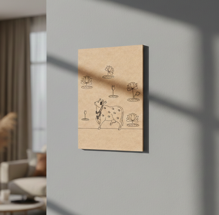 MDF DIY  Canvas print with a cow and lotus design on a wall
