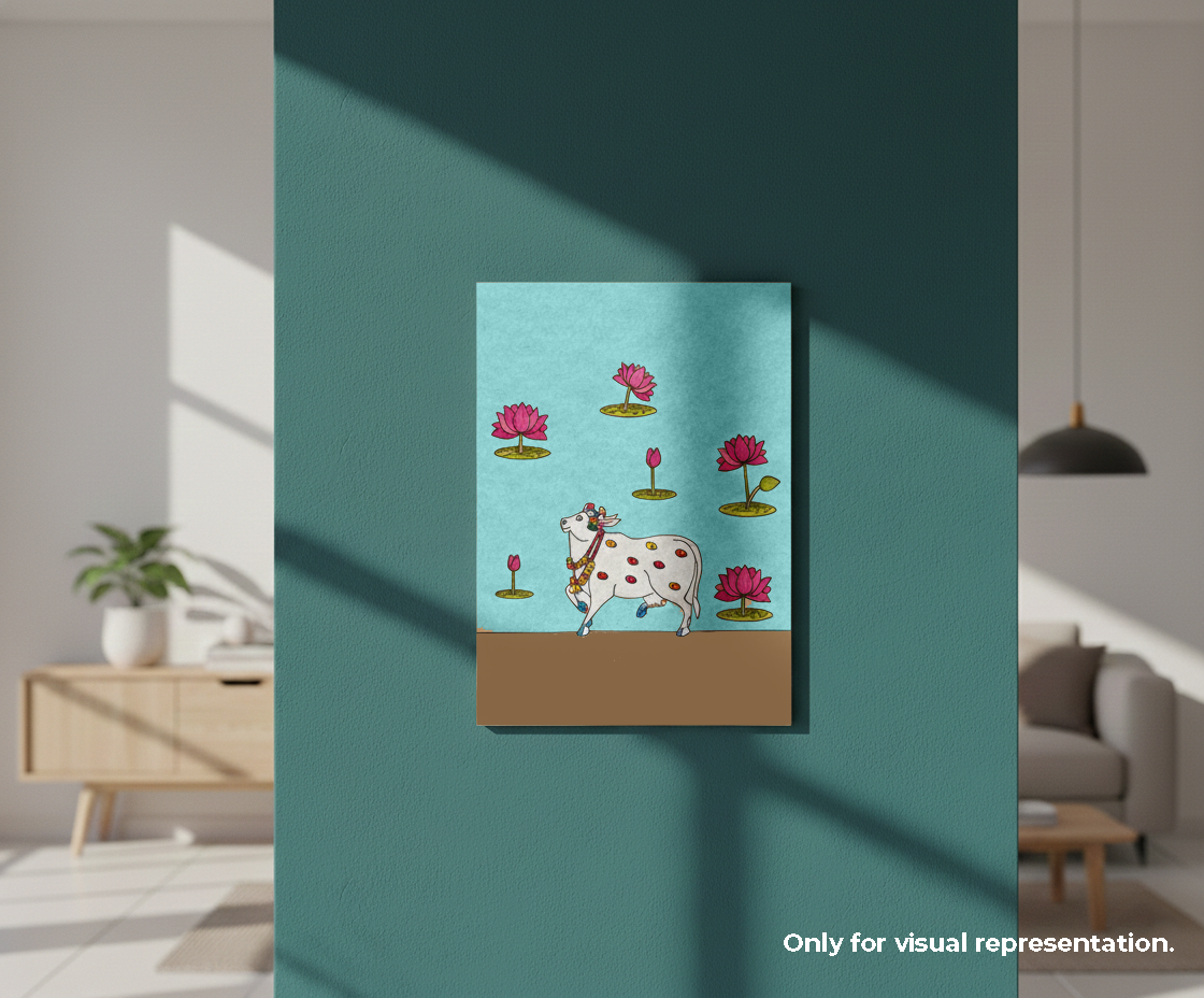 MDF DIY Framed artwork of a cow and flowers on a teal wall