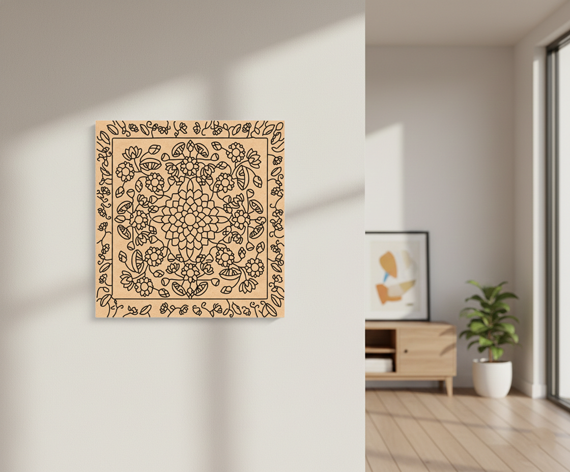 Decorative MDF DIY wall art with intricate patterns on a plain wall, next to a room with a wooden cabinet and plant.