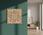 Decorative MDF DIY wall art with floral pattern on a green wall, room interior with wooden cabinet and plant.