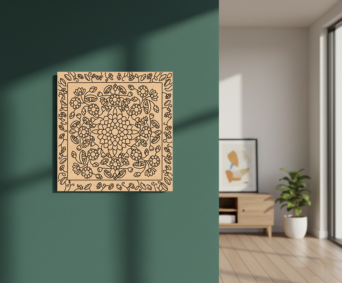 Decorative MDF DIY wall art with floral pattern on a green wall, room interior with wooden cabinet and plant.