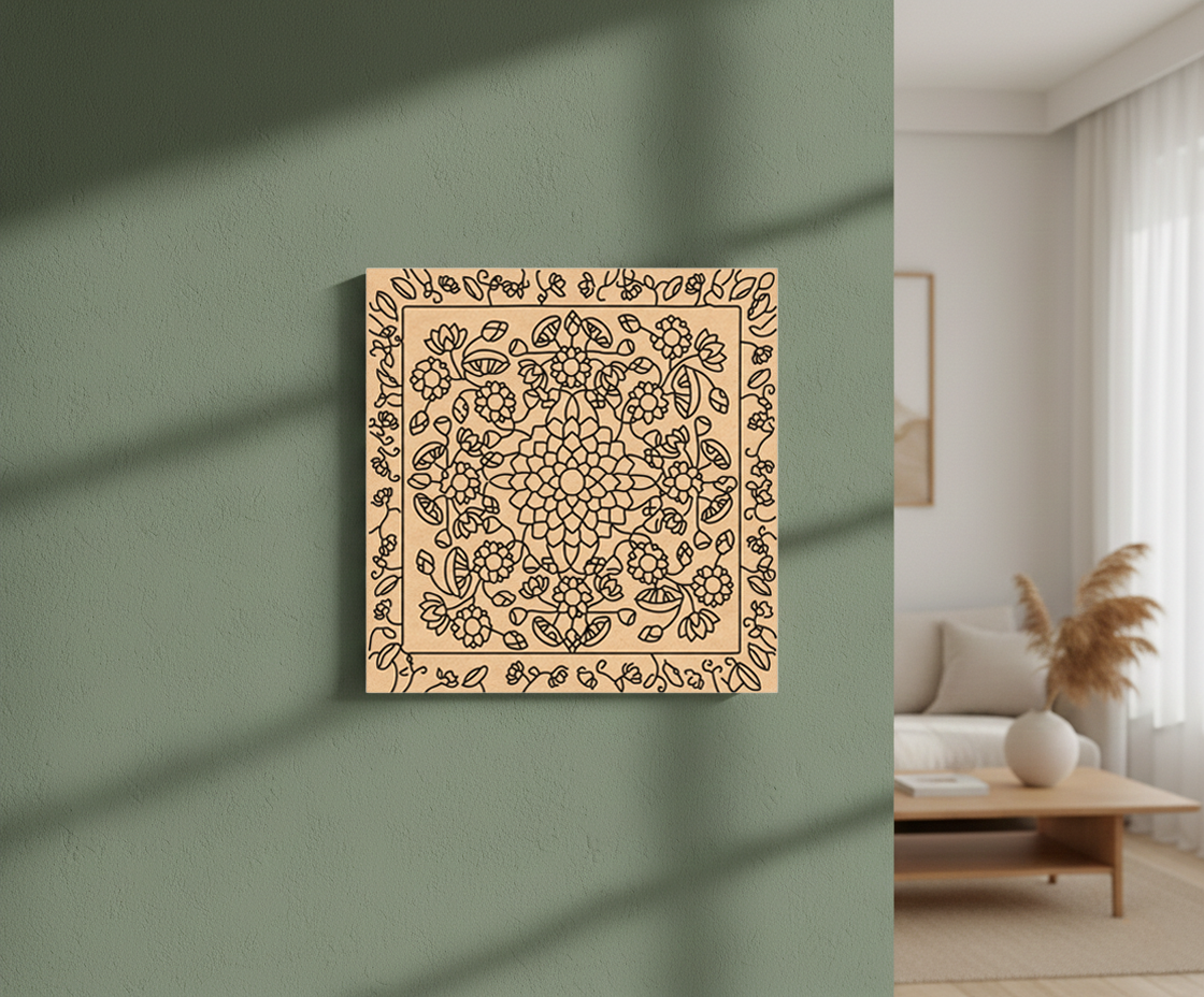 Decorative MDF DIY wall art  with floral patterns on a green wall in a living room setting.