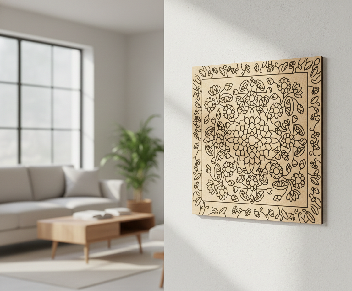 Decorative MDF DIY wall art with floral pattern in a living room setting
