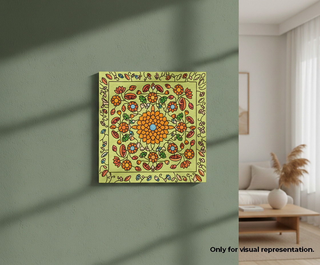 Decorative MDF DIY  wall art with a floral pattern on a green wall in a living room setting.