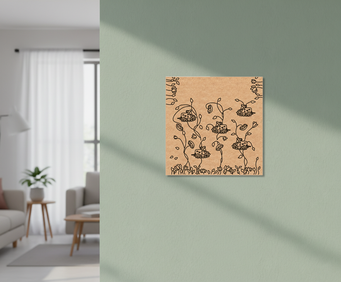 Decorative MDF DIY wall art with floral design on a light green wall in a living room.