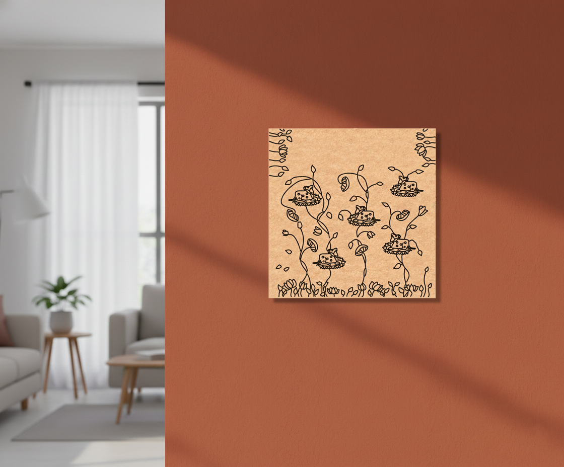 Decorative MDF DIY wall art on a brown wall with a blurred living room in the background