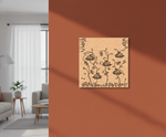 Decorative MDF DIY wall art on a brown wall with a blurred living room in the background