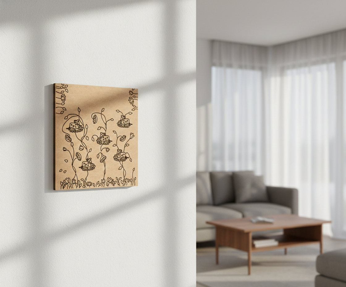 Decorative MDF DIY wall art with floral design on a white wall in a living room.