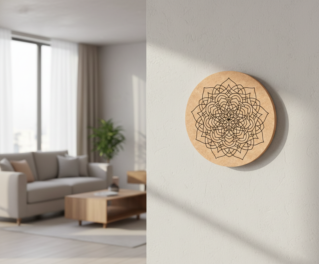 MDF DIY wall art with geometric design in a living room setting