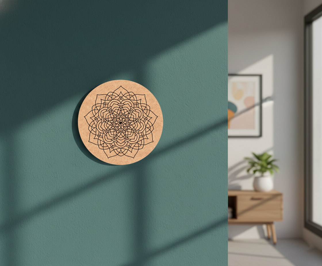 Decorative circular MDF DIY wall art with geometric design on a teal wall.