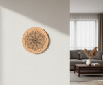 Decorative MDF DIY wall art with geometric design on a plain wall in a living room.