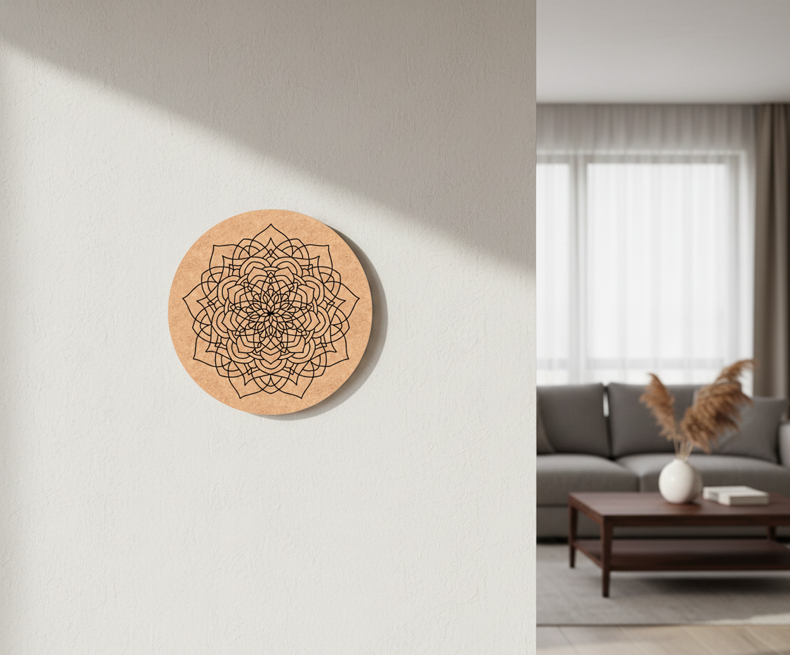 Decorative MDF DIY wall art with geometric design on a plain wall in a living room.