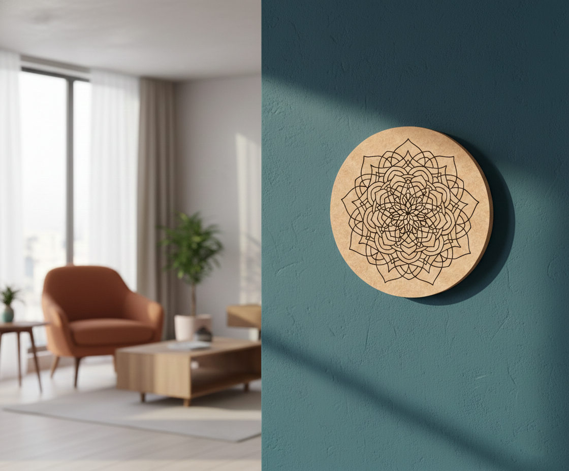 MDF DIY wall art with geometric design on a teal wall in a modern living room.