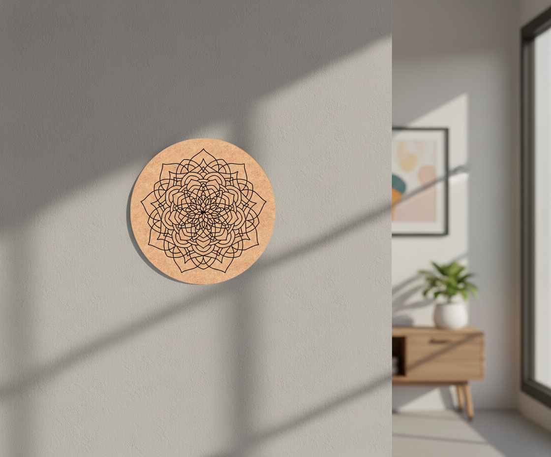 Decorative circular MDF DIY wall art with geometric design on a light gray wall.