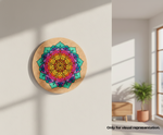 MDF DIY  Colorful mandala wall art on a wooden board in a room with a plant and window.